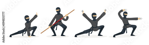 Man Ninja Character with Face Cover and Weapon Vector Set
