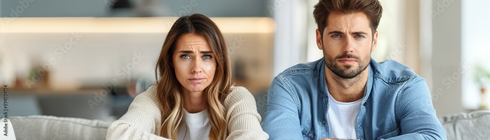 Couple Sitting Apart on Couch Struggling with Communication and Marital Issues in Living Room Couple Sitting Apart on Couch Struggling with Communication and Marital Issues in Living Room