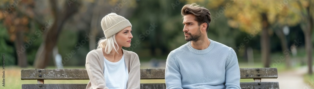 Couple Sitting Distantly on Park Bench with Sad Expressions Overcast Natural Light Couple Sitting Distantly on Park Bench with Sad Expressions Overcast Natural Light