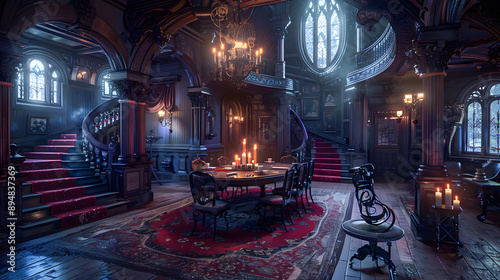 An antique vampire castle is set in an elegant Victorian living room for adventure games. Castle of Dracula vampire of Transylvania. 3D illustration and Halloween theme and horror background.