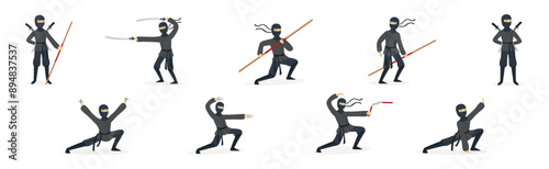 Man Ninja Character with Face Cover and Weapon Vector Set