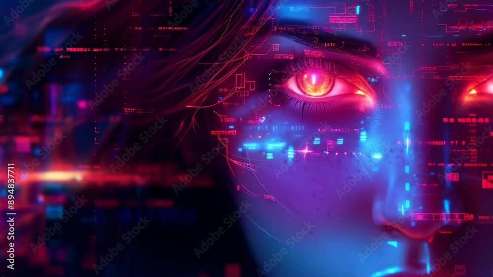 A closeup futuristic scene at night, featuring a Caucasian woman's intense gaze. Neon blue and red digital elements overlay her face, creating a highly technological and surreal atmosphere.