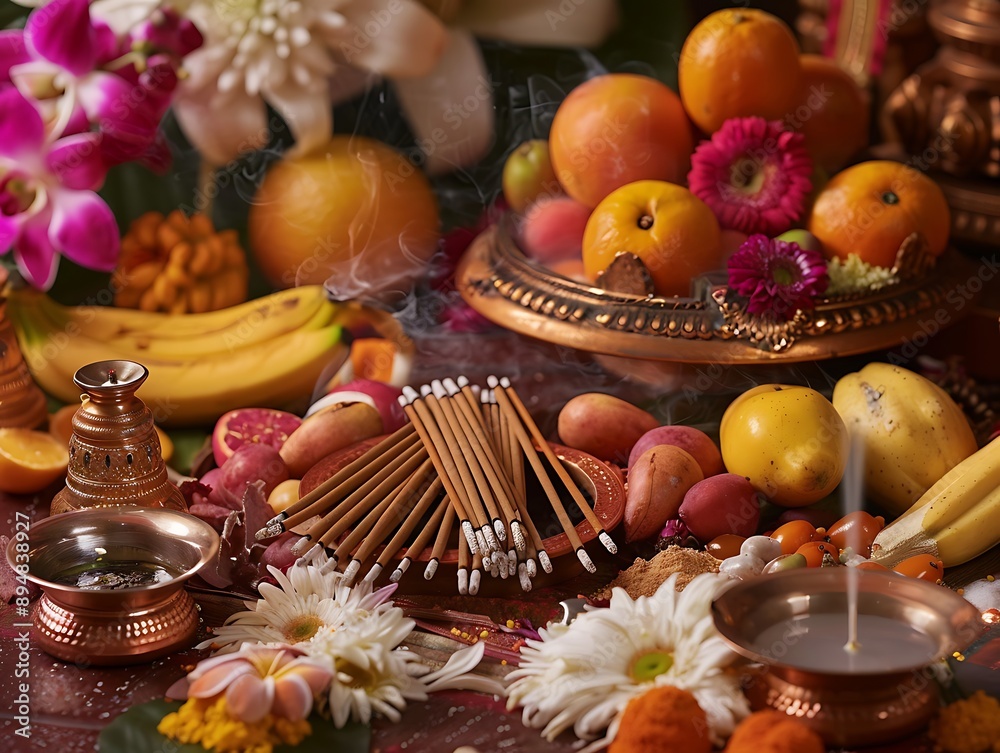 Fototapeta premium A close-up of Navaratri puja items including incense sticks, fruits, flowers, and holy water, arranged beautifully on a decorated altar.