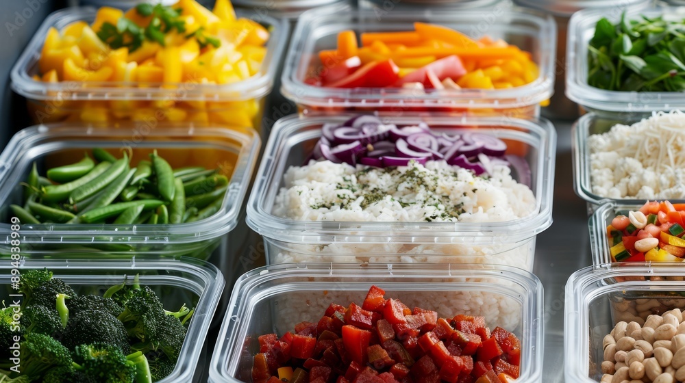 Freshly prepared ingredients in containers, ideal for meal prep and healthy eating. Colorful and organized display of vegetables.
