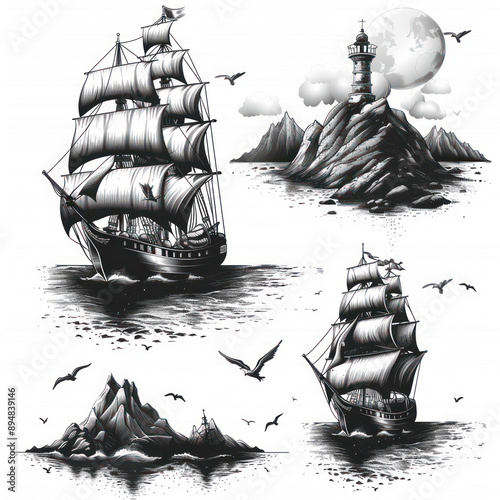 ship in the sea, pirate ship in the sea, saiboat