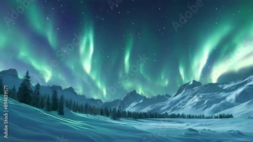 Aurora glowing green in the snow mountains 4K