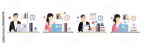 Man and Woman Office Clerk and Employee at Desk with Laptop Vector Set
