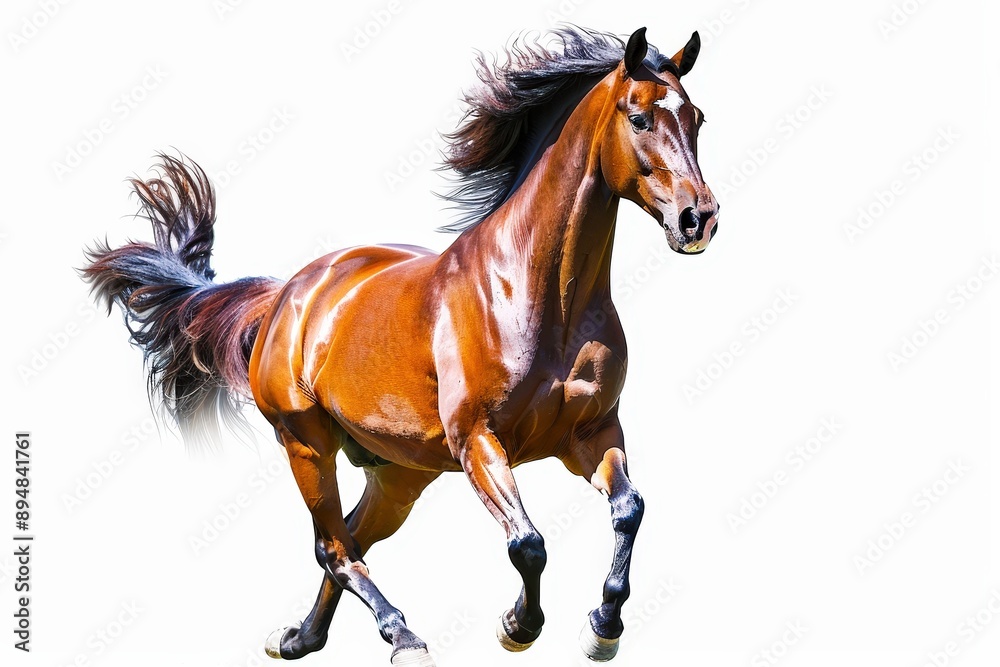 Obraz premium Runaway Beauty: A majestic chestnut horse with a flowing mane and tail races across a white background, capturing the essence of freedom, strength, and pure equine grace.