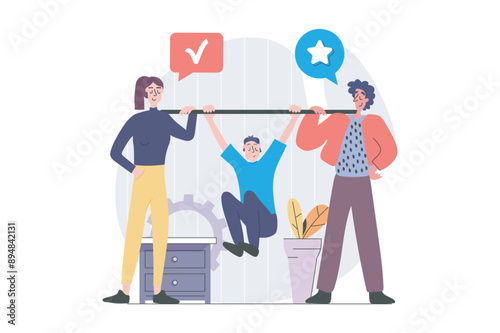 Teamwork concept in modern flat design for web. Man and woman cooperating and communicating in team, helping and supporting each other, brainstorming and finding opportunities. Vector illustration