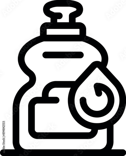 Line icon of a dishwashing liquid bottle with a water drop, representing eco friendly and sustainable cleaning products