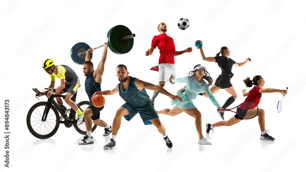 Energetic collage. Athletes in various activities. Each sportsmen shown in motion against white studio background. Concept of team and individual kinds of sport, start and finish. Ad Energetic collage. Athletes in various activities. Each sportsmen shown in motion against white studio background. Concept of team and individual kinds of sport, start and finish. Ad