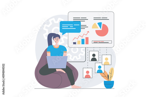 Video conference concept in modern flat design for web. Woman doing work task distantly and making data analysis, sharing link to report with colleagues online for teamwork. Vector illustration.