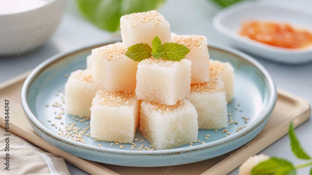 Injeolmi on a plate with mint, a popular Korean sweet dish Injeolmi on a plate with mint, a popular Korean sweet dish