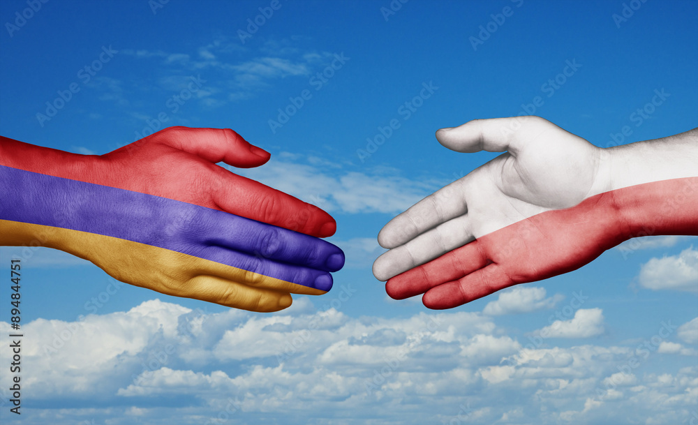 Poland and Armenia country handshaking with flags, consensus concept international co-operation illustration Poland and Armenia country handshaking with flags, consensus concept international co-operation illustration
