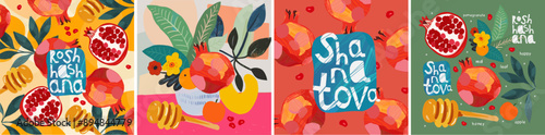 Shana Tova. Rosh Hashanah. Congratulations on the Jewish New Year. Vector cute hand drawn illustrations of pomegranate, honey, pattern, apple, still life, logo for greeting card, flyer or background