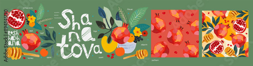 Shana Tova. Rosh Hashanah. Congratulations on the Jewish New Year. Vector cute hand drawn illustrations of pomegranate, honey, pattern, apple, still life, logo for greeting card, poster or banner