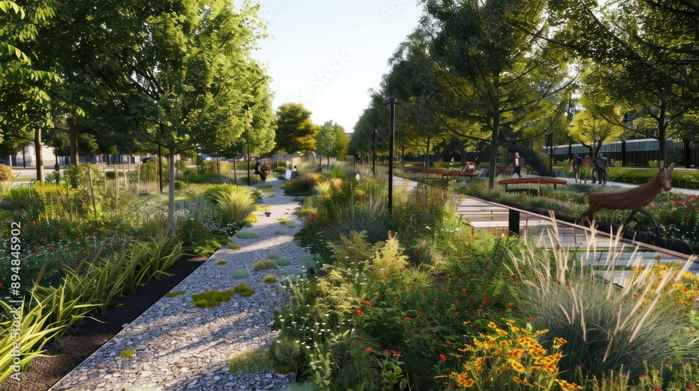 Generate a photo realistic image of urban wildlife corridors facilitating the movement and habitat of urban wildlife; ensure the image is of high resolution for clear and detailed quality.