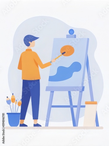 Illustration of a man painting on an easel in the studio, abstract background