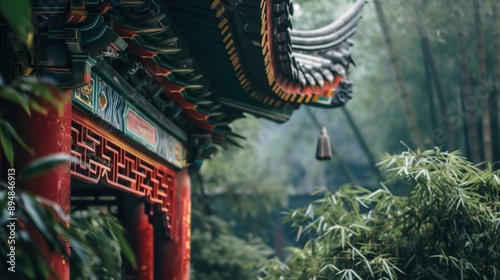 Ancient Chinese buildings in bamboo forest,created with Generative AI tecnology.