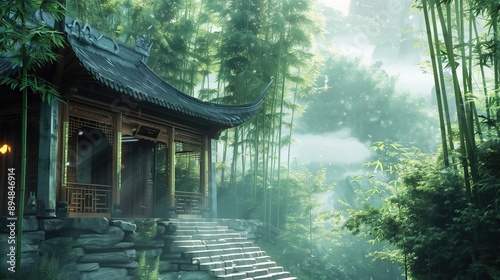 Ancient Chinese buildings in bamboo forest,created with Generative AI tecnology.