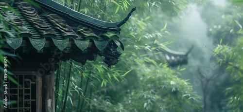 Ancient Chinese buildings in bamboo forest,created with Generative AI tecnology.