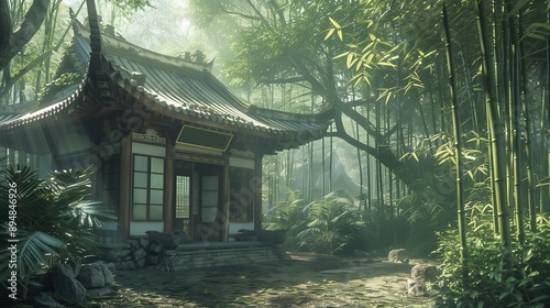 Ancient Chinese buildings in bamboo forest,created with Generative AI tecnology.