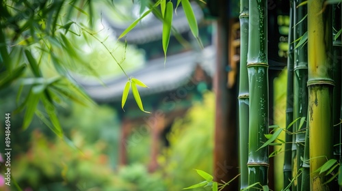 Ancient Chinese buildings in bamboo forest,created with Generative AI tecnology.