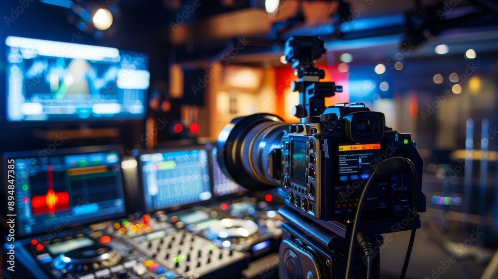 A professional video camera is mounted on a tripod in a television studio. The camera is pointed towards the front of the room, and there are multiple screens and a soundboard in the background. A professional video camera is mounted on a tripod in a television studio. The camera is pointed towards the front of the room, and there are multiple screens and a soundboard in the background.