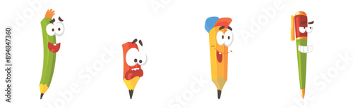 Pencil and Pen Character with Comic Face Vector Set