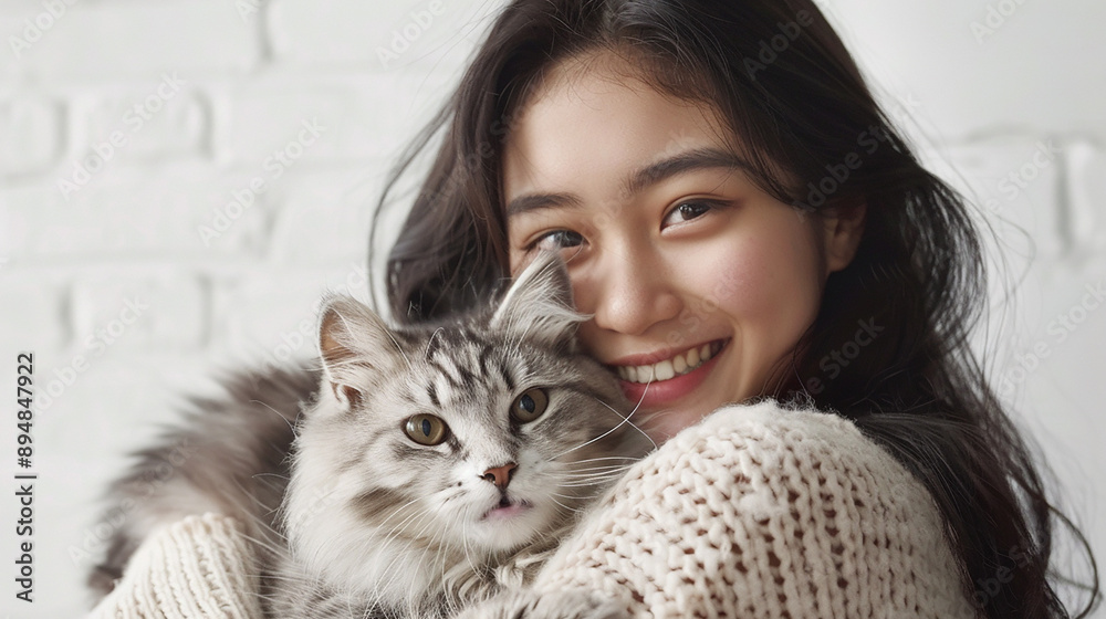A smiling young woman holding her fluffy grey cat close, both looking at the camera with a brick wall in the background, representing warmth and companionship.