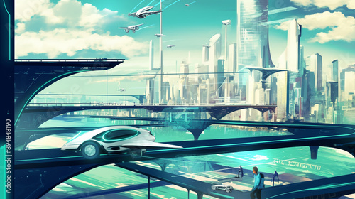 Futuristic city with flying...