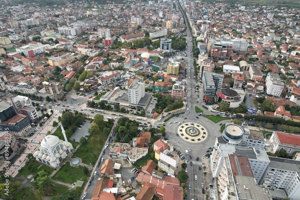 Obraz premium Skadar historical city with surrounding mountains and Skadar lake,Shkoder,Albania,Balkan,Europe,aerial panorama landscape view, cityscape