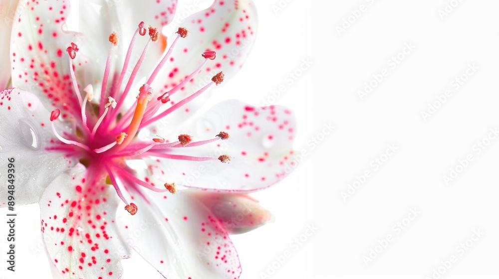 Fototapeta premium Close up of white and pink Schlumberger flower on white background with macro shot and empty space