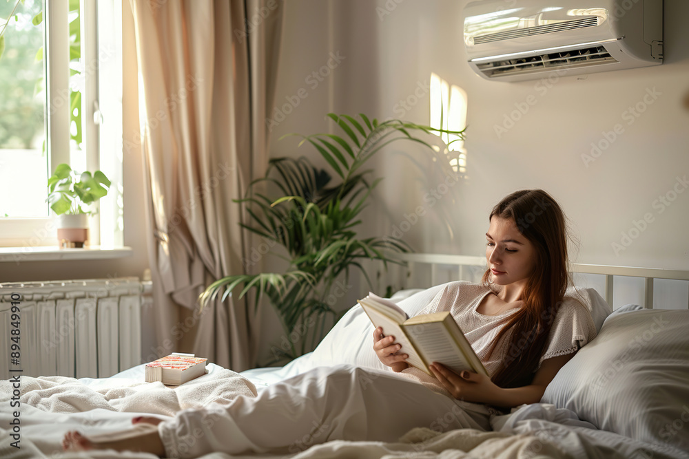 Young woman reading a book in bed with sunlight streaming through the window and indoor plants nearby Young woman reading a book in bed with sunlight streaming through the window and indoor plants nearby