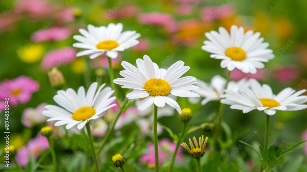 Close-up of white daisies with yellow centers blooming in a vibrant garden, surrounded by various colorful flowers Close-up of white daisies with yellow centers blooming in a vibrant garden, surrounded by various colorful flowers