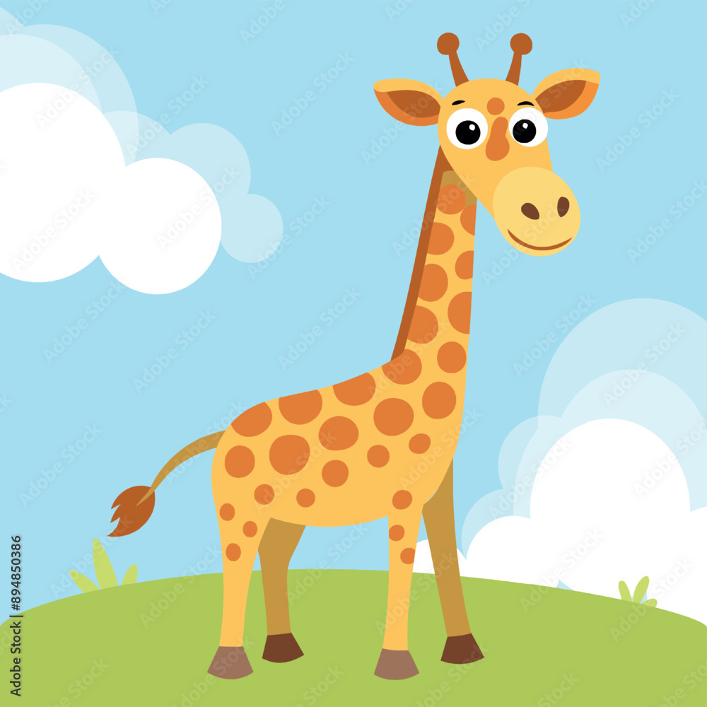 Obraz premium Cartoon cute giraffe in flat style. Vector illustration. Adorable Baby Giraffe. Design for print, sticker, icon, emblem or children book illustration