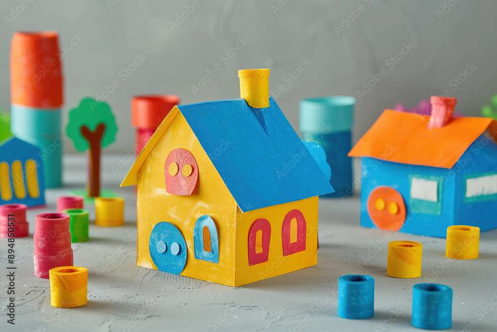 Colorful paper houses  on gray background