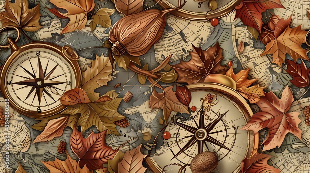 Fototapeta premium Antique Map and Brass Compass Seamless Pattern with Autumn Cornucopia