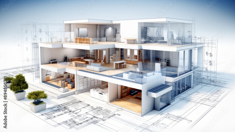 vision of architecture of a 3d model house project with blueprint