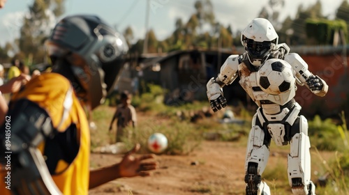 Two robots and one human figure engage in a game of soccer amidst a rustic and rugged environment, showcasing interaction between humans and machines. photo