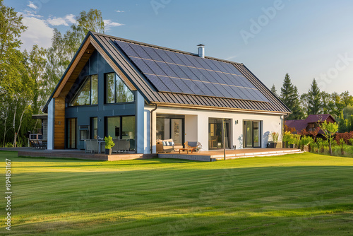 Modern house with solar panels on the roof surrounded by green lawn and trees