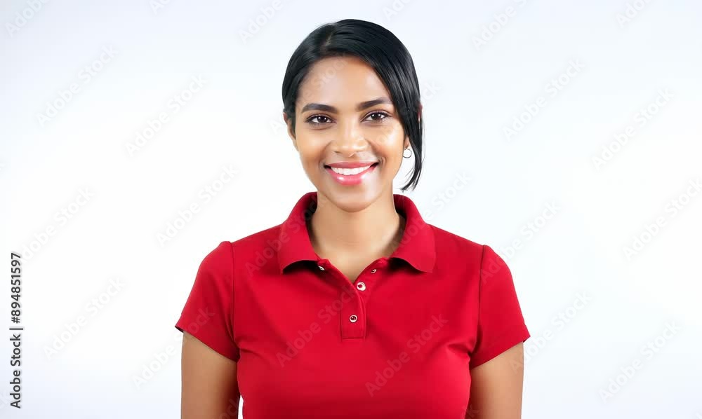 Portrait video of a pleased Indonesian woman in her 30s wearing a sporty red polo shirt against a white background Portrait video of a pleased Indonesian woman in her 30s wearing a sporty red polo shirt against a white background