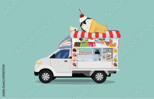 Cartoon car truck mobile ice cream shop nice to eat be palatable welcome to summer.