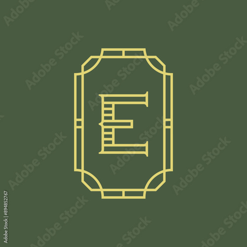 Letter "E" with elegant frame in one line style. Font style, vector design elements for your corporate identity.