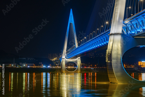 Night view of Baiju Temple Yangtze River Bridge, Chongqing, China.Chinese translation: Baiju Temple Yangtze River Bridge photo