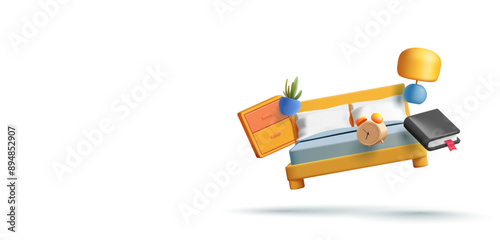 Bed, bedside tables, book, plant, alarm clock, 3D. Objects in the air with shadow. For the concepts of reading favorite books, rest, sleep. Lifestyle. Vector