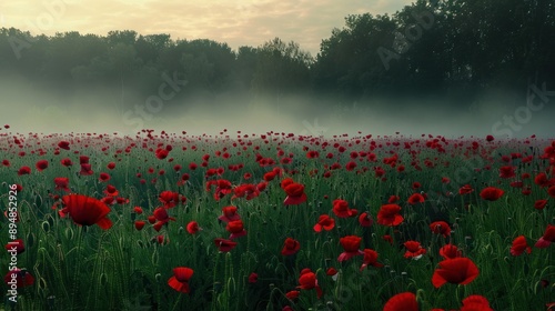 Red Poppy Field in Foggy Sunrise