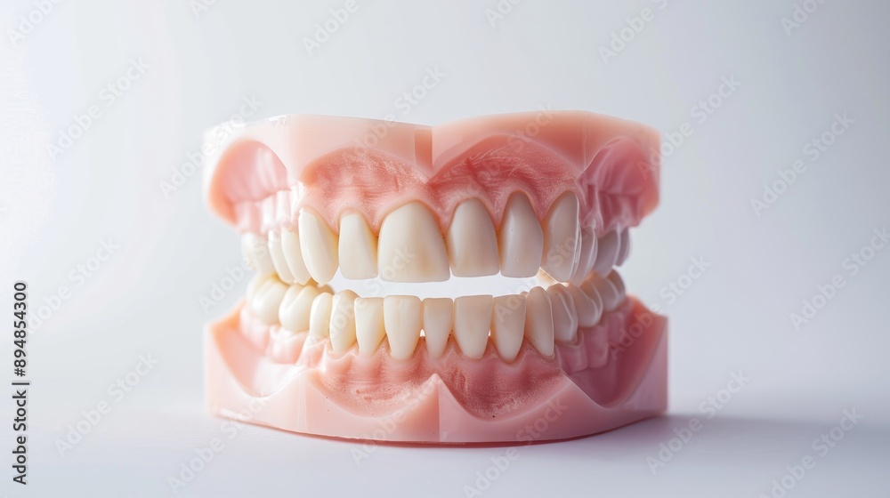 Obraz premium Gypsum dentures with porcelain teeth on white background Dental gypsum model in dentist lab close up Jaws prosthetic model in laboratory