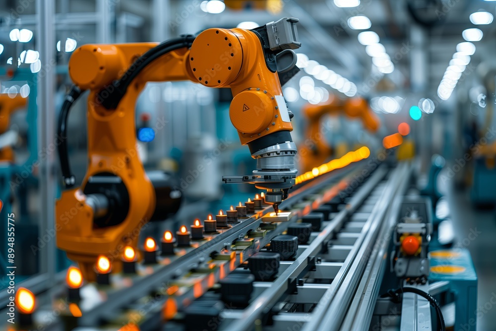 the robot arm is operating automatically on the production line the robot arm is operating automatically on the production line