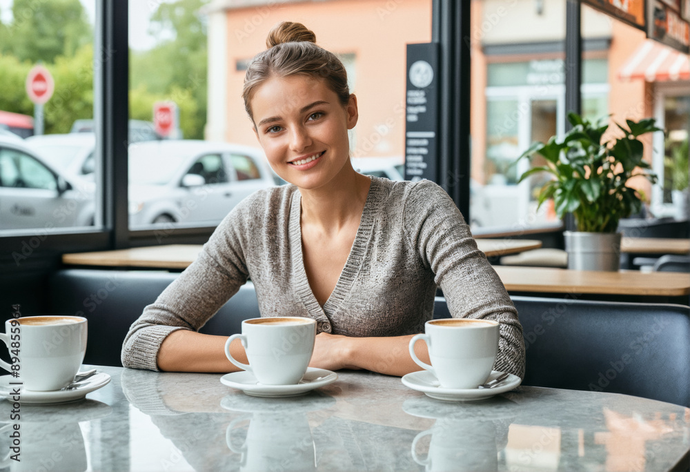 A photo of a person in a beautiful coffeeshop cafe, enjoying a cup of coffee